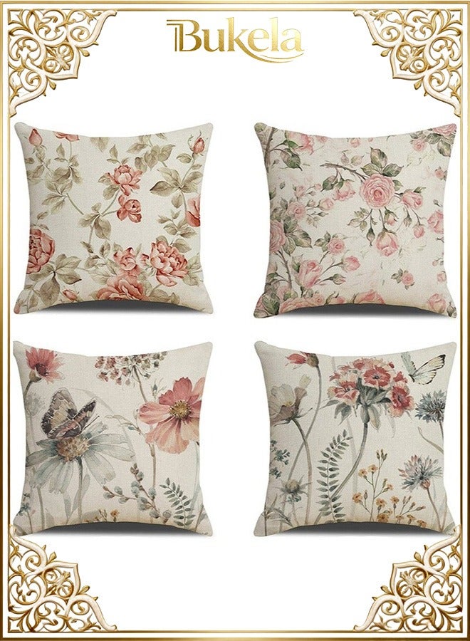 Bukela Decorative Throw Pillow Covers 18x18 inches Set of 4 Birds Butterfly and Plant Cushion Covers 45cm x 45cm Boho Linen Square Throw Pillow Cases for Living Room Sofa Couch Bed Pillowcases - Image 1